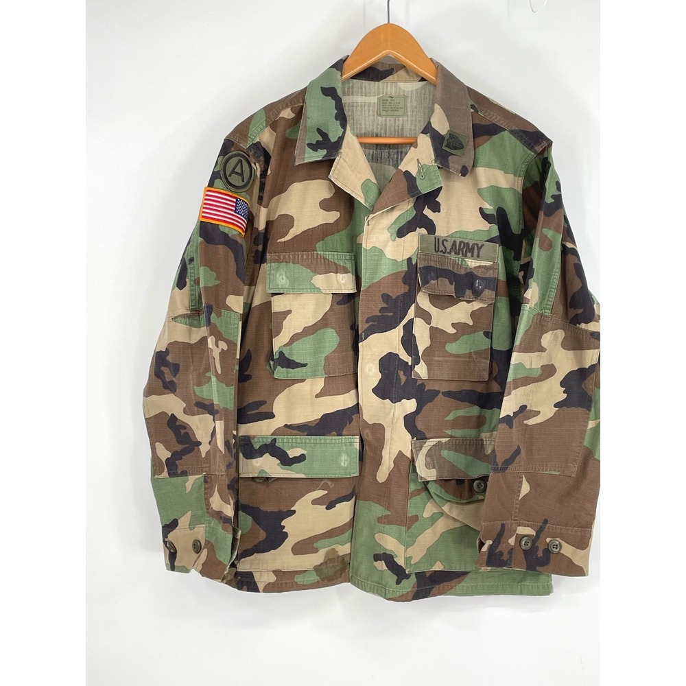 US Army Mens Jacket Medium Short BDU Woodland Camo Ripstop Patches Military